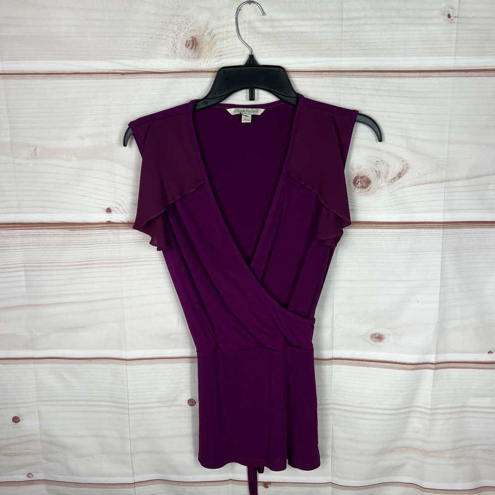 41 Hawthorn Top Womens XS Purple Faux Wrap Blouse V-Neck Ruffles Ties Sleeveless